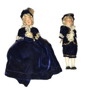 Vintage Collectible Pair of Colonial Times Dolls Wearing Blue/White Velvet Dress